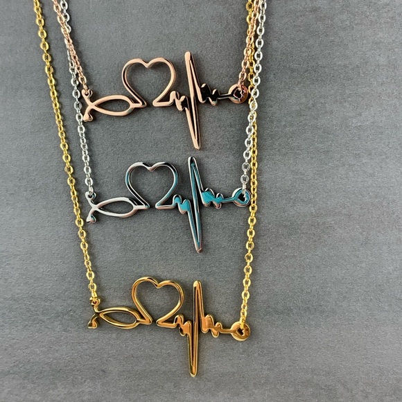 Heartbeat Stethoscope Heart EKG Stainless Nurse Bar Necklace Silver Rose Gold - Picture 14 of 15